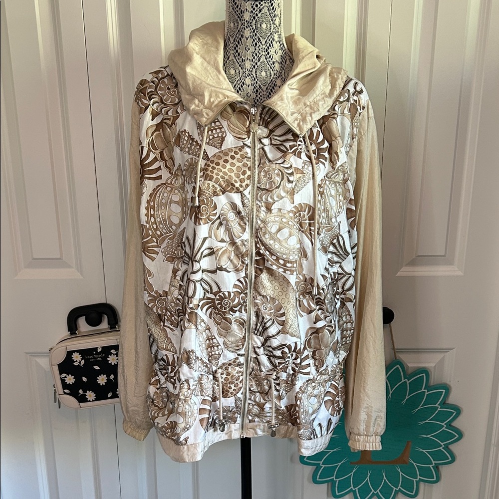 🦩Women's Vintage Seashell Print Beige & Brown Nylon Windbreaker by Lavon Size L